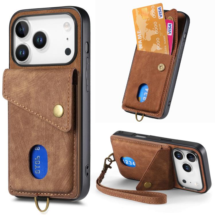 Retro Card Wallet Fold Leather Phone Case with Strap, For iPhone 17e / 16e, For iPhone 17 Pro Max, For iPhone 17 Pro, For iPhone 17