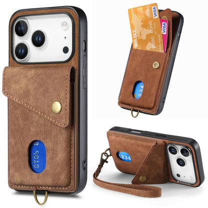 Retro Card Wallet Fold Leather Phone Case with Strap, For iPhone 17e / 16e, For iPhone 17 Pro Max, For iPhone 17 Pro, For iPhone 17