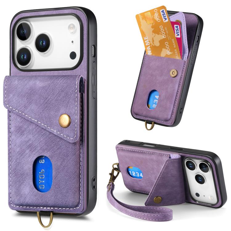 Retro Card Wallet Fold Leather Phone Case with Strap, For iPhone 17e / 16e, For iPhone 17 Pro Max, For iPhone 17 Pro, For iPhone 17
