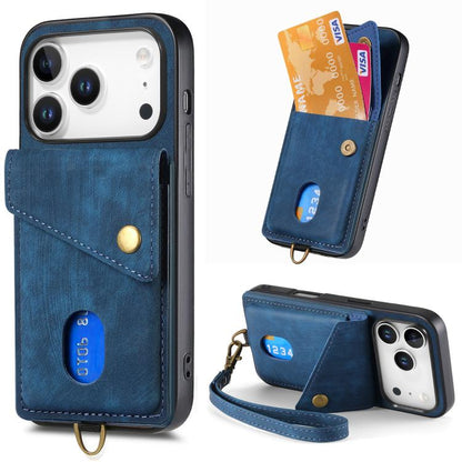 Retro Card Wallet Fold Leather Phone Case with Strap, For iPhone 17e / 16e, For iPhone 17 Pro Max, For iPhone 17 Pro, For iPhone 17