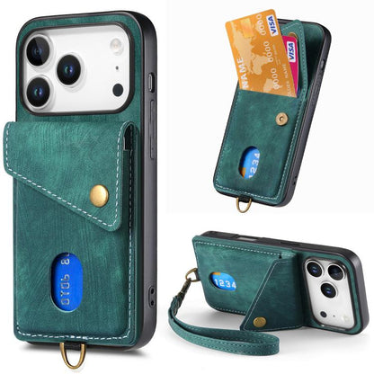Retro Card Wallet Fold Leather Phone Case with Strap, For iPhone 17e / 16e, For iPhone 17 Pro Max, For iPhone 17 Pro, For iPhone 17