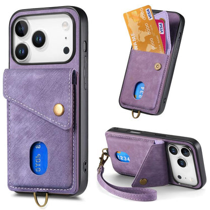 Retro Card Wallet Fold Leather Phone Case with Strap, For iPhone 17e / 16e, For iPhone 17 Pro Max, For iPhone 17 Pro, For iPhone 17