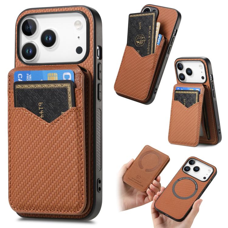 Carbon Fiber MagSafe Vertical Flip Card Bag Phone Case, For iPhone 18 Pro / 17 Pro, For iPhone 18 Pro Max / 17 Pro Max, For iPhone 17e / 16e, For iPhone 17