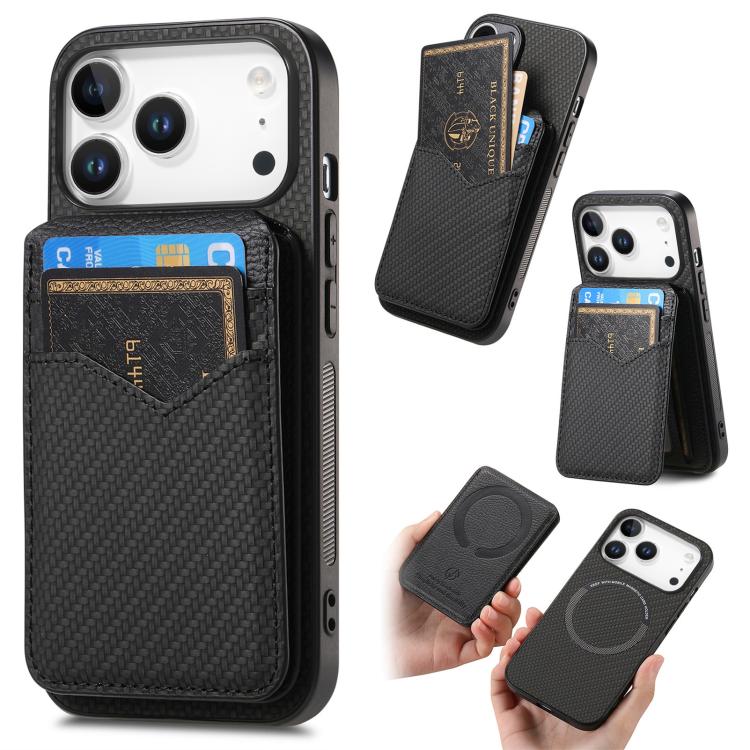 Carbon Fiber MagSafe Vertical Flip Card Bag Phone Case, For iPhone 18 Pro / 17 Pro, For iPhone 18 Pro Max / 17 Pro Max, For iPhone 17e / 16e, For iPhone 17