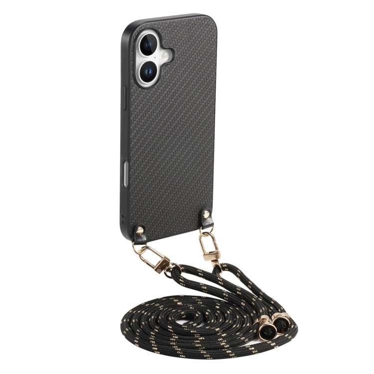 Carbon Fiber Texture Leather Back Phone Case with Crossbody Strap, For iPhone Air, For iPhone 16 Pro Max, For iPhone 16 Pro, For iPhone 16 Plus