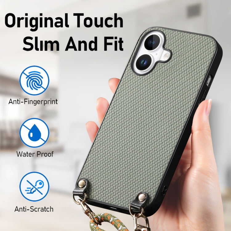 Carbon Fiber Texture Leather Back Phone Case with Crossbody Strap, For iPhone 16, For iPhone 15 Pro Max, For iPhone 15 Pro, For iPhone 15 Plus