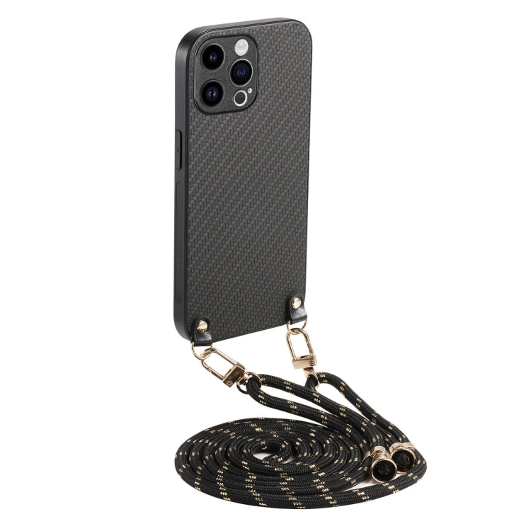 Carbon Fiber Texture Leather Back Phone Case with Crossbody Strap, For iPhone 16, For iPhone 15 Pro Max, For iPhone 15 Pro, For iPhone 15 Plus