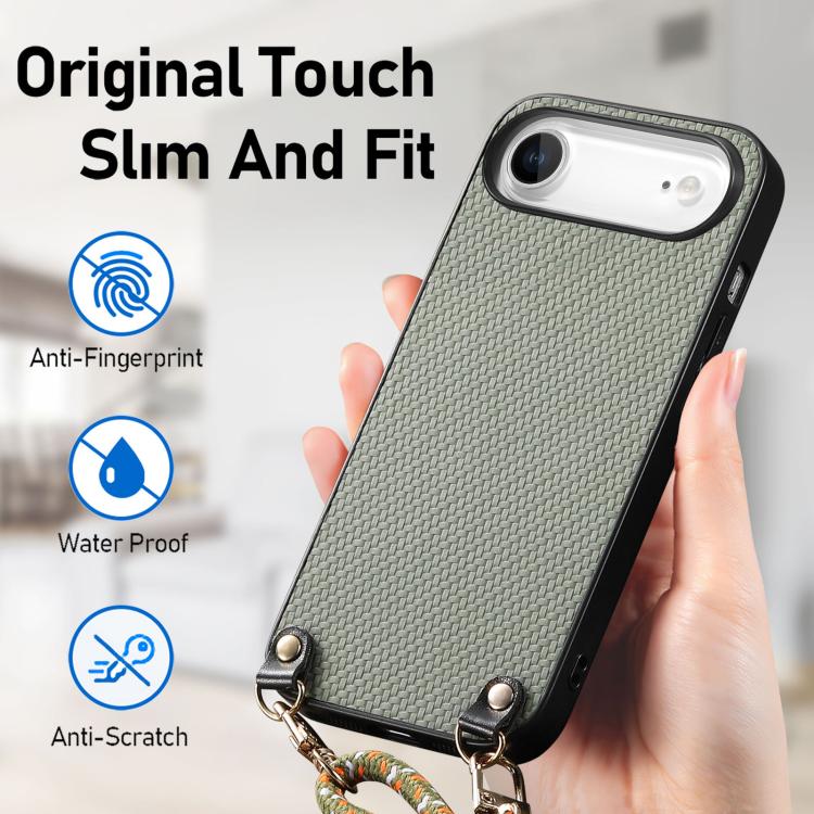 Carbon Fiber Texture Leather Back Phone Case with Crossbody Strap, For iPhone Air, For iPhone 16 Pro Max, For iPhone 16 Pro, For iPhone 16 Plus