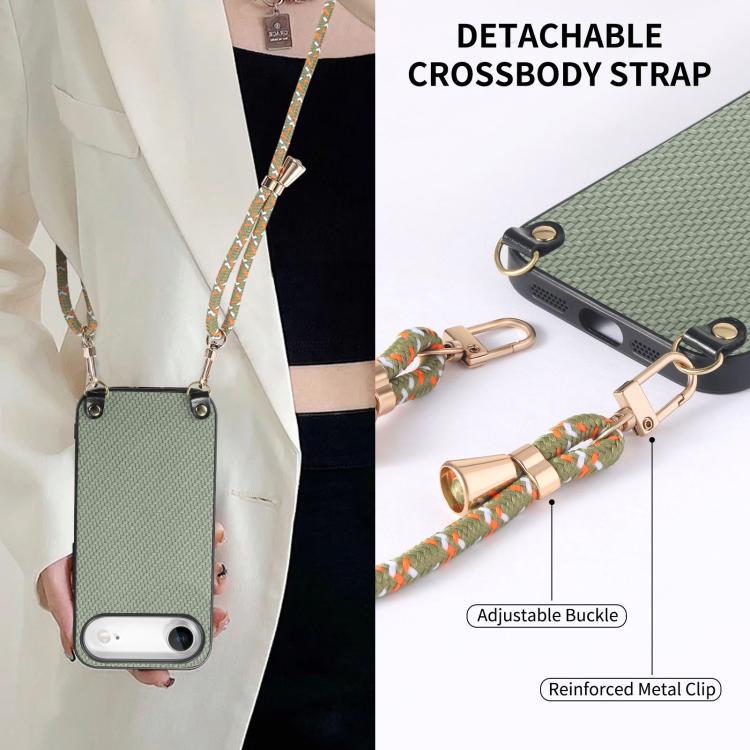 Carbon Fiber Texture Leather Back Phone Case with Crossbody Strap, For iPhone Air, For iPhone 16 Pro Max, For iPhone 16 Pro, For iPhone 16 Plus