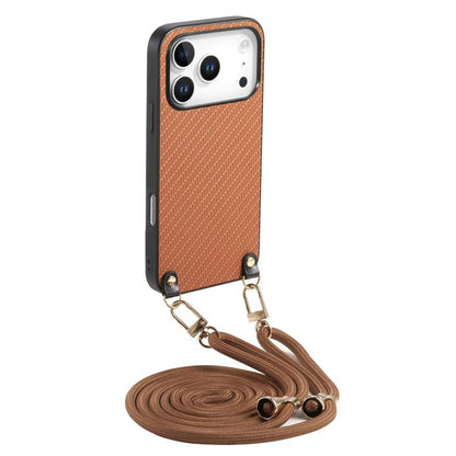 Carbon Fiber Texture Leather Back Phone Case with Crossbody Strap, For iPhone 17e / 16e, For iPhone 17 Pro Max, For iPhone 17 Pro, For  iPhone 17