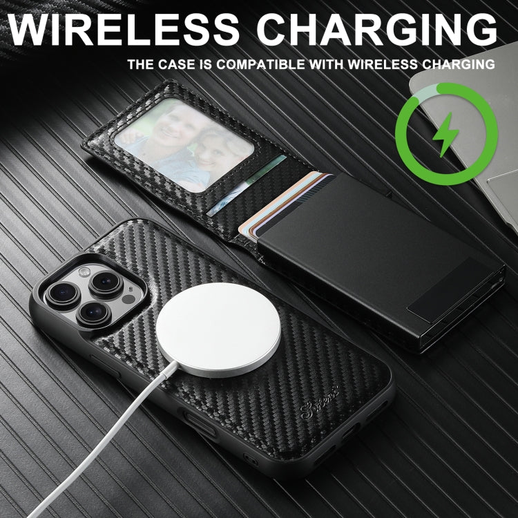Suteni H19 Carbon Fiber Grain 2-in-1 MagSafe Removable Card Box Back Phone Case, For iPhone 12 Pro