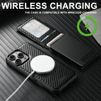 Suteni H19 Carbon Fiber Grain 2-in-1 MagSafe Removable Card Box Back Phone Case, For iPhone 12 Pro