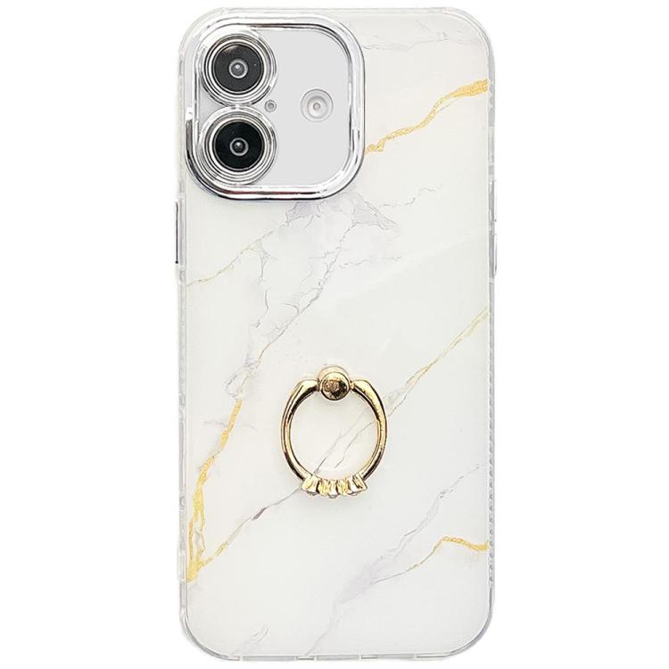 Electroplated Marble Texture Ring Holder Phone Case, For iPhone 16 Plus