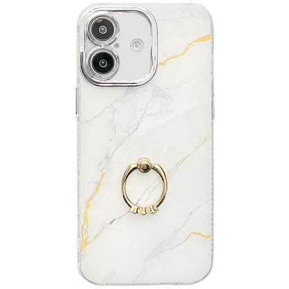 Electroplated Marble Texture Ring Holder Phone Case, For iPhone 16 Plus