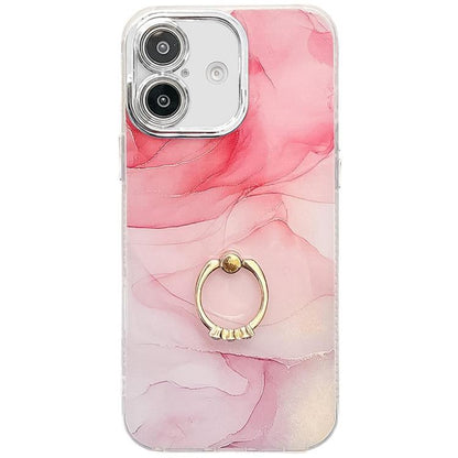 Electroplated Marble Texture Ring Holder Phone Case, For iPhone 16 Plus