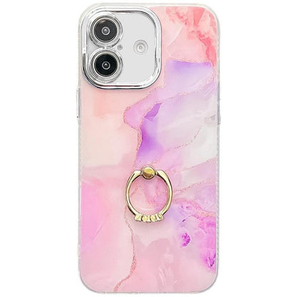 Electroplated Marble Texture Ring Holder Phone Case, For iPhone 16 Plus