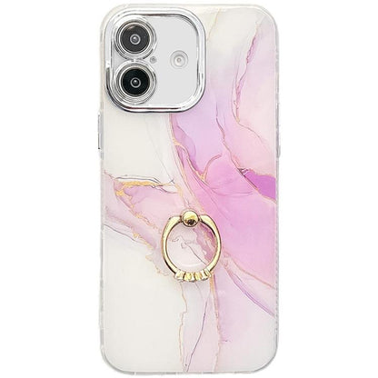 Electroplated Marble Texture Ring Holder Phone Case, For iPhone 16 Plus