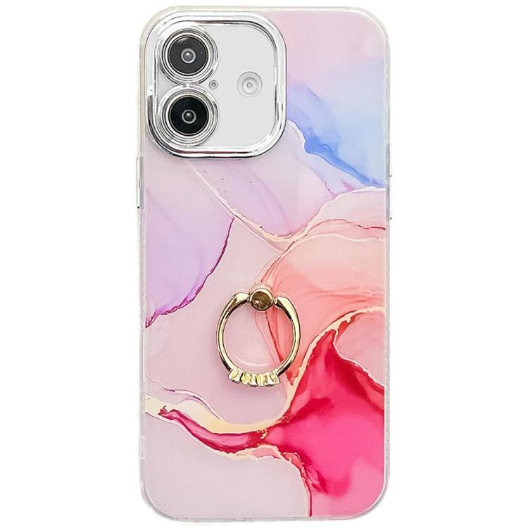 Electroplated Marble Texture Ring Holder Phone Case, For iPhone 16 Plus