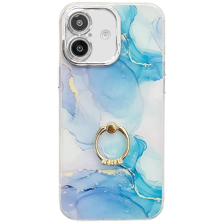 Electroplated Marble Texture Ring Holder Phone Case, For iPhone 16 Plus