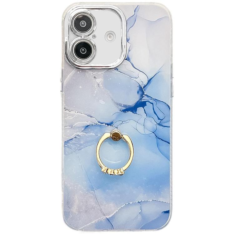 Electroplated Marble Texture Ring Holder Phone Case, For iPhone 16 Plus
