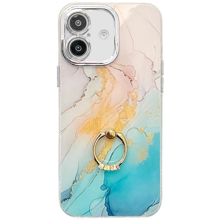 Electroplated Marble Texture Ring Holder Phone Case, For iPhone 16 Plus