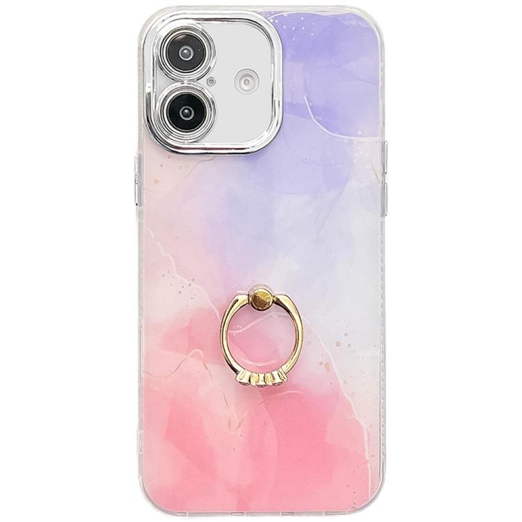 Electroplated Marble Texture Ring Holder Phone Case, For iPhone 16 Plus
