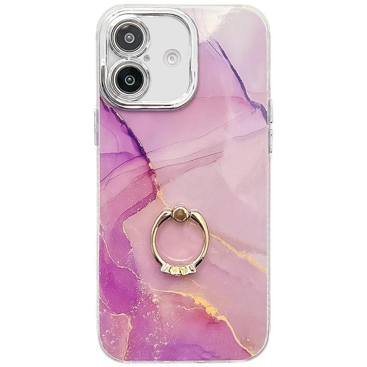 Electroplated Marble Texture Ring Holder Phone Case, For iPhone 16 Plus