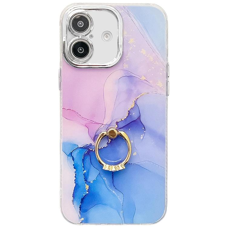 Electroplated Marble Texture Ring Holder Phone Case, For iPhone 16 Plus