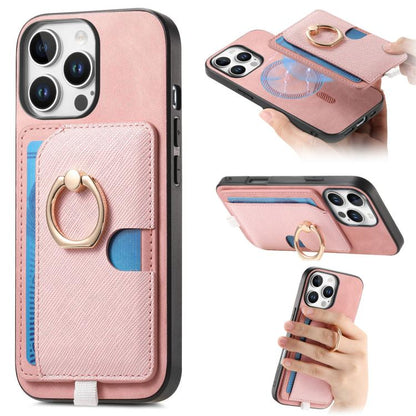 Retro Cross Leather Ring Side Insert Card Bag MagSafe Phone Case, For iPhone 16 Pro Max, For iPhone 16 Pro, For iPhone 16 Plus