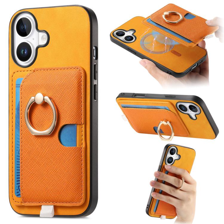 Retro Cross Leather Ring Side Insert Card Bag MagSafe Phone Case, For iPhone 16 Pro Max, For iPhone 16 Pro, For iPhone 16 Plus