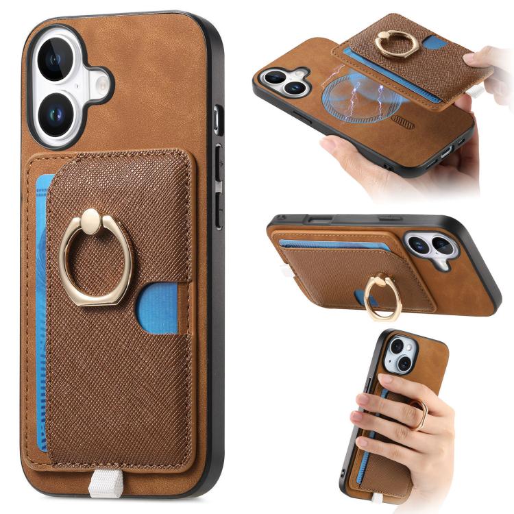 Retro Cross Leather Ring Side Insert Card Bag MagSafe Phone Case, For iPhone 16, For iPhone 15 Pro max, For iPhone 15 Pro