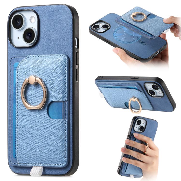 Retro Cross Leather Ring Side Insert Card Bag MagSafe Phone Case, For iPhone 15 Plus, For iPhone 15, For iPhone 14 Plus