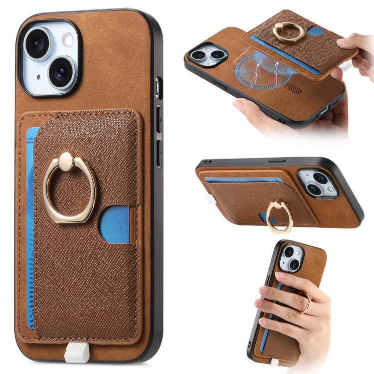Retro Cross Leather Ring Side Insert Card Bag MagSafe Phone Case, For iPhone 15 Plus, For iPhone 15, For iPhone 14 Plus