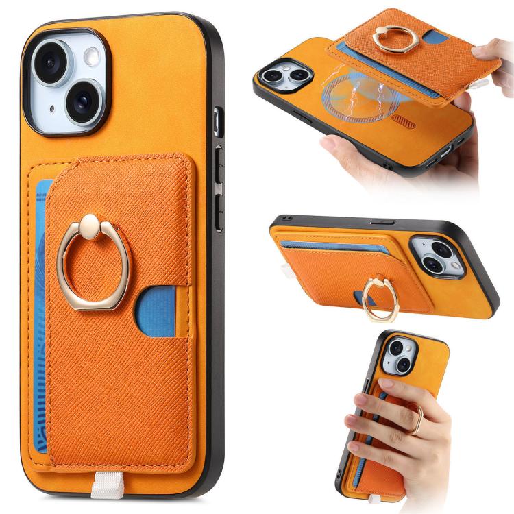 Retro Cross Leather Ring Side Insert Card Bag MagSafe Phone Case, For iPhone 15 Plus, For iPhone 15, For iPhone 14 Plus