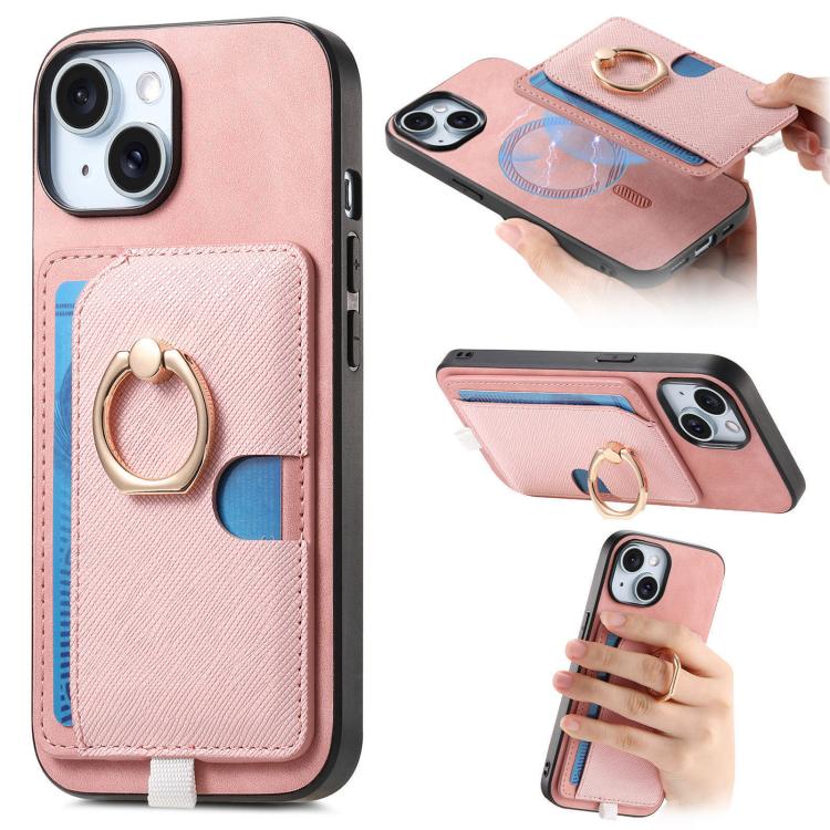 Retro Cross Leather Ring Side Insert Card Bag MagSafe Phone Case, For iPhone 15 Plus, For iPhone 15, For iPhone 14 Plus
