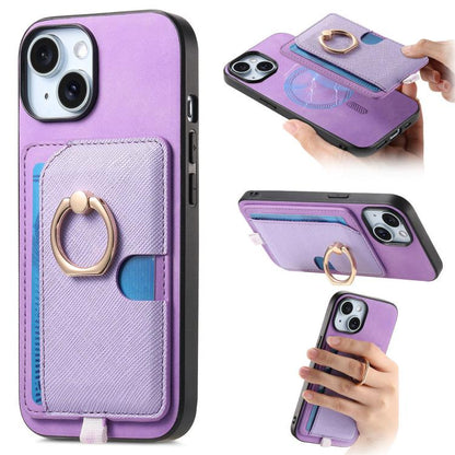 Retro Cross Leather Ring Side Insert Card Bag MagSafe Phone Case, For iPhone 15 Plus, For iPhone 15, For iPhone 14 Plus