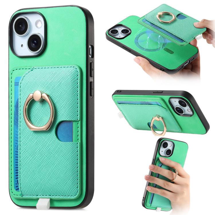 Retro Cross Leather Ring Side Insert Card Bag MagSafe Phone Case, For iPhone 15 Plus, For iPhone 15, For iPhone 14 Plus