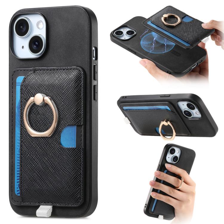 Retro Cross Leather Ring Side Insert Card Bag MagSafe Phone Case, For iPhone 15 Plus, For iPhone 15, For iPhone 14 Plus