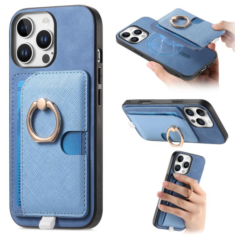 Retro Cross Leather Ring Side Insert Card Bag MagSafe Phone Case, For iPhone 14, For iPhone 14 Pro, For iPhone 14 Pro Max