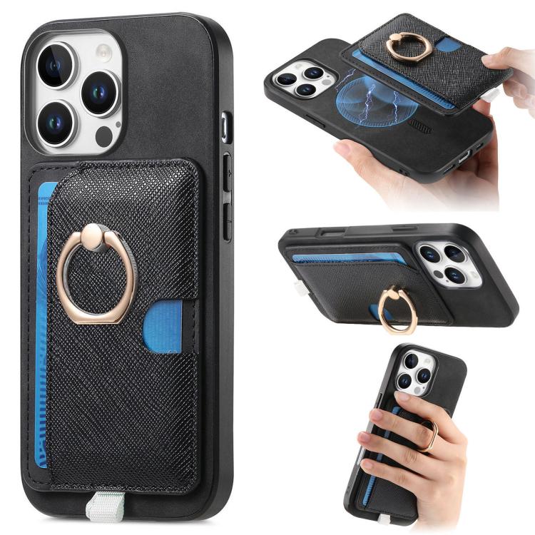 Retro Cross Leather Ring Side Insert Card Bag MagSafe Phone Case, For iPhone 14, For iPhone 14 Pro, For iPhone 14 Pro Max