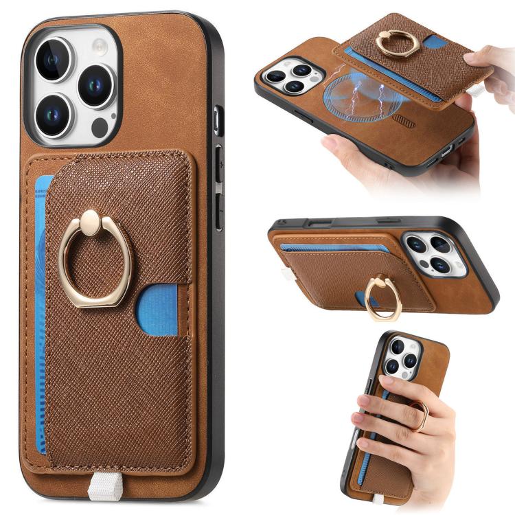 Retro Cross Leather Ring Side Insert Card Bag MagSafe Phone Case, For iPhone 14, For iPhone 14 Pro, For iPhone 14 Pro Max