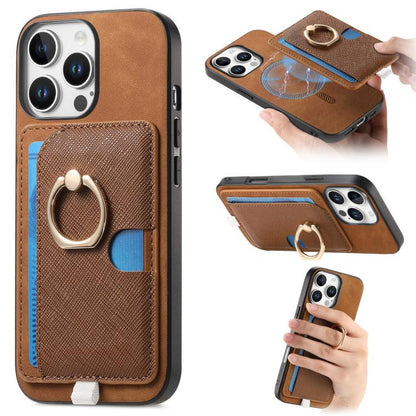 Retro Cross Leather Ring Side Insert Card Bag MagSafe Phone Case, For iPhone 14, For iPhone 14 Pro, For iPhone 14 Pro Max