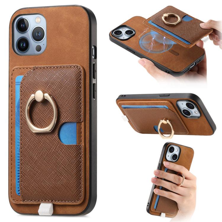 Retro Cross Leather Ring Side Insert Card Bag MagSafe Phone Case, For iPhone 11 Pro Max, For iPhone 11, For iPhone 11 Pro