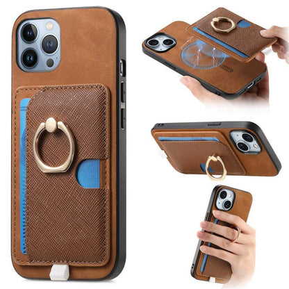 Retro Cross Leather Ring Side Insert Card Bag MagSafe Phone Case, For iPhone 11 Pro Max, For iPhone 11, For iPhone 11 Pro