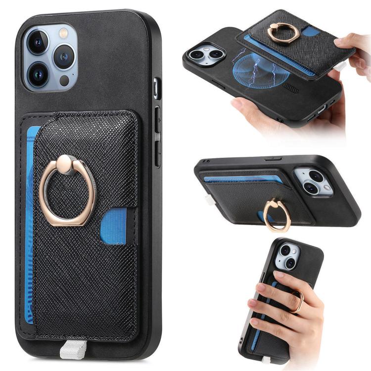 Retro Cross Leather Ring Side Insert Card Bag MagSafe Phone Case, For iPhone 11 Pro Max, For iPhone 11, For iPhone 11 Pro