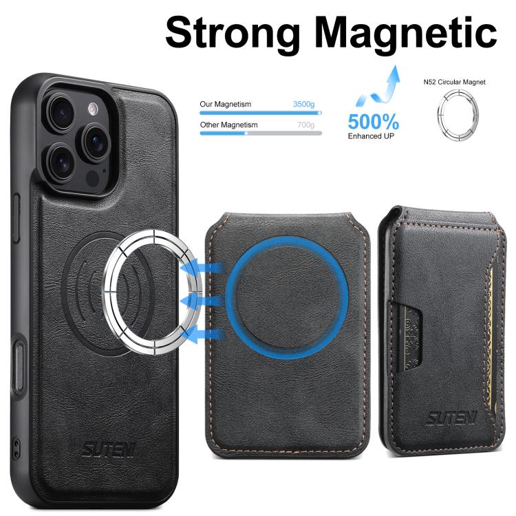 Suteni M3 Card Bag MagSafe Cowhide Texture Leather Phone Case, For iPhone 14, For iPhone 14 Pro, For iPhone 14 Pro Max, For iPhone 13 Pro Max, For iPhone 13 Pro, For iPhone 13, For iPhone 12, For iPhone 12 Pro Max