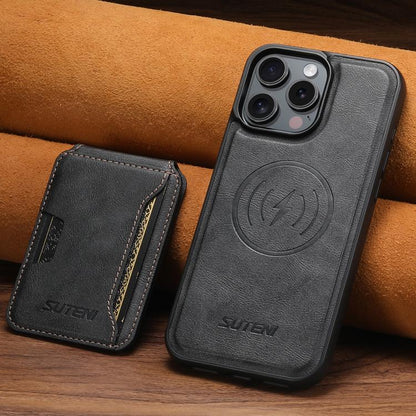 Suteni M3 Card Bag MagSafe Cowhide Texture Leather Phone Case, For iPhone 12 Pro