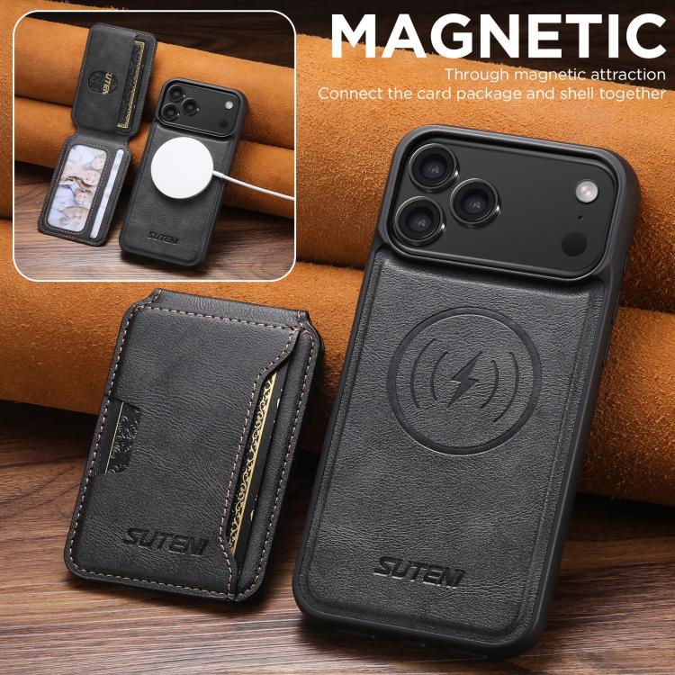 Suteni M3 Card Bag MagSafe Cowhide Texture Leather Phone Case, For iPhone 17 Pro Max, For iPhone 17 Pro, For iPhone 17, For iPhone Air, For iPhone 16 Pro Max, For iPhone 16 Pro, For iPhone 16 Plus, For iPhone 16