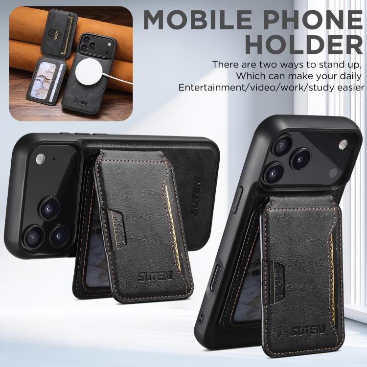 Suteni M3 Card Bag MagSafe Cowhide Texture Leather Phone Case, For iPhone 18, For iPhone 18 Pro, For iPhone 18 Pro Max, For iPhone 17 Pro Max, For iPhone 17 Pro, For iPhone 17, For iPhone Air, For iPhone 16 Pro Max