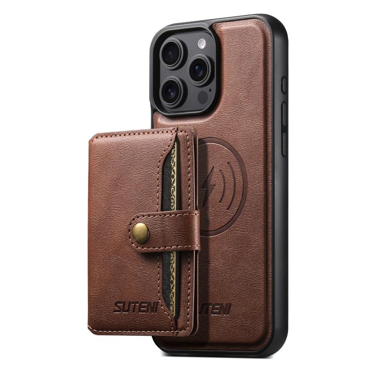 Suteni M4 Magnetic Card Bag MagSafe Leather Phone Case, For iPhone 18, For iPhone 18 Pro, For iPhone 18 Pro Max, For iPhone 17 Pro Max, For iPhone 17 Pro, For iPhone 17, For iPhone Air, For iPhone 16 Pro Max